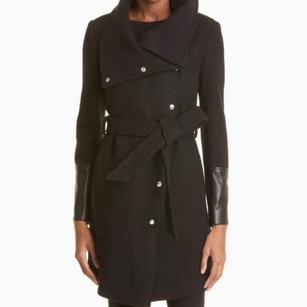 Club Monaco Halli‎ Leather Trim Belted Coat Size Large NWT